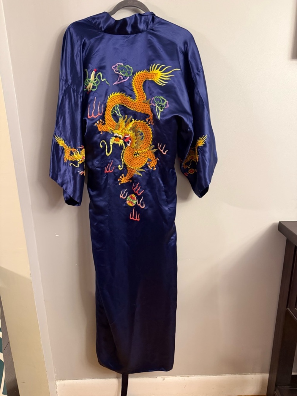 Vintage Pure Silk Chinese Dragon Embroidered Kimono Robe Blue Satin Lounge Robe